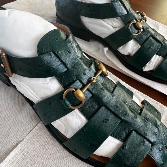 Gucci Exotics Men’s Emerald Green Ostrich Leather Fisherman Sandals Size 10 NWT - Picture 10 of 16